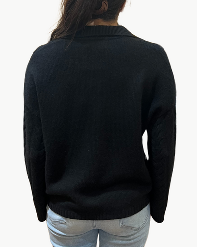 DEAN CABLE KNIT POLO PULLOVER IN BLACK