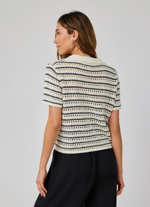 COLLARED POPOVER SWEATER IN IVORY/BLACK STRIPE