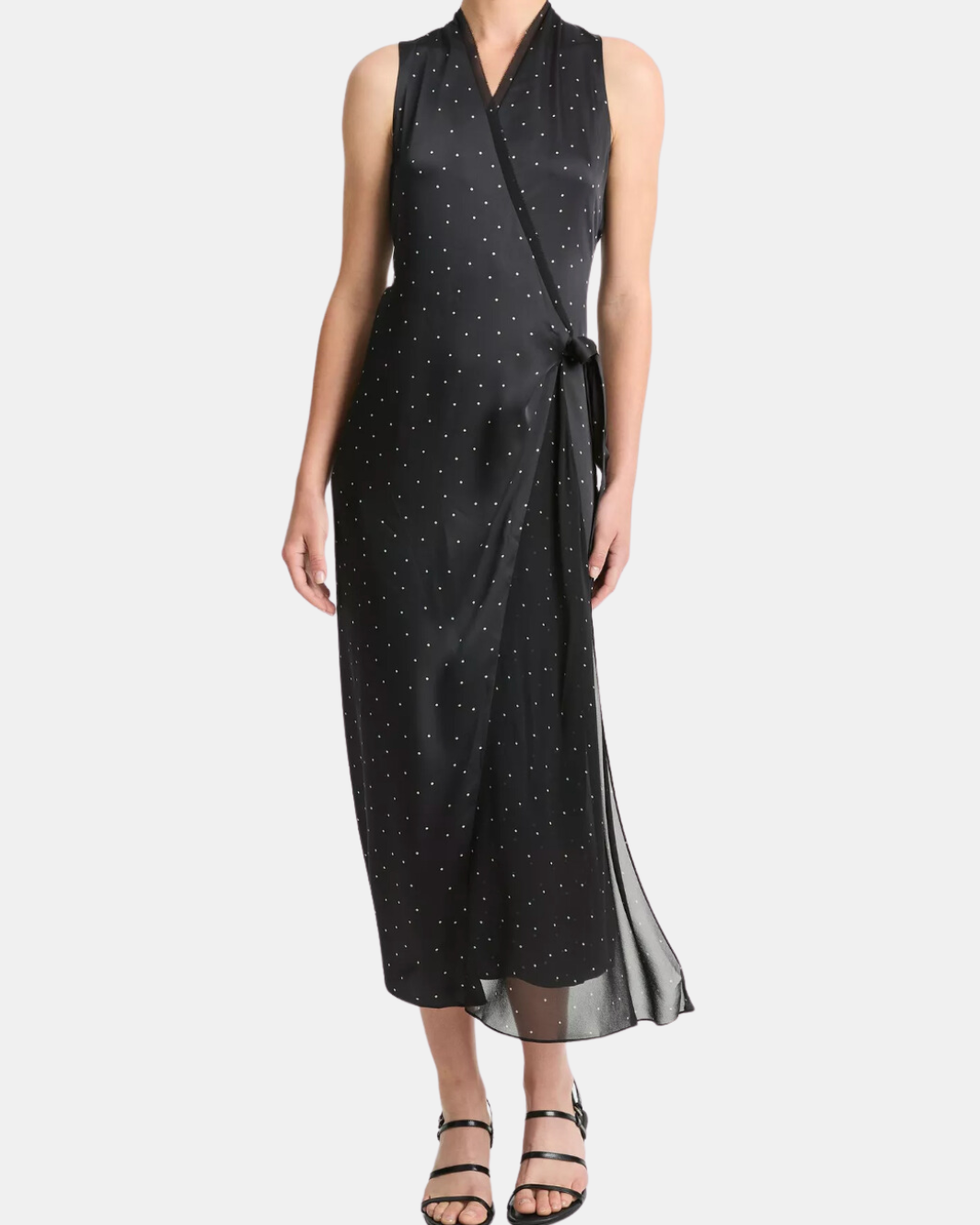 DOT PRINT PANELED CHIFFON WRAP DRESS IN BLACK/GREY