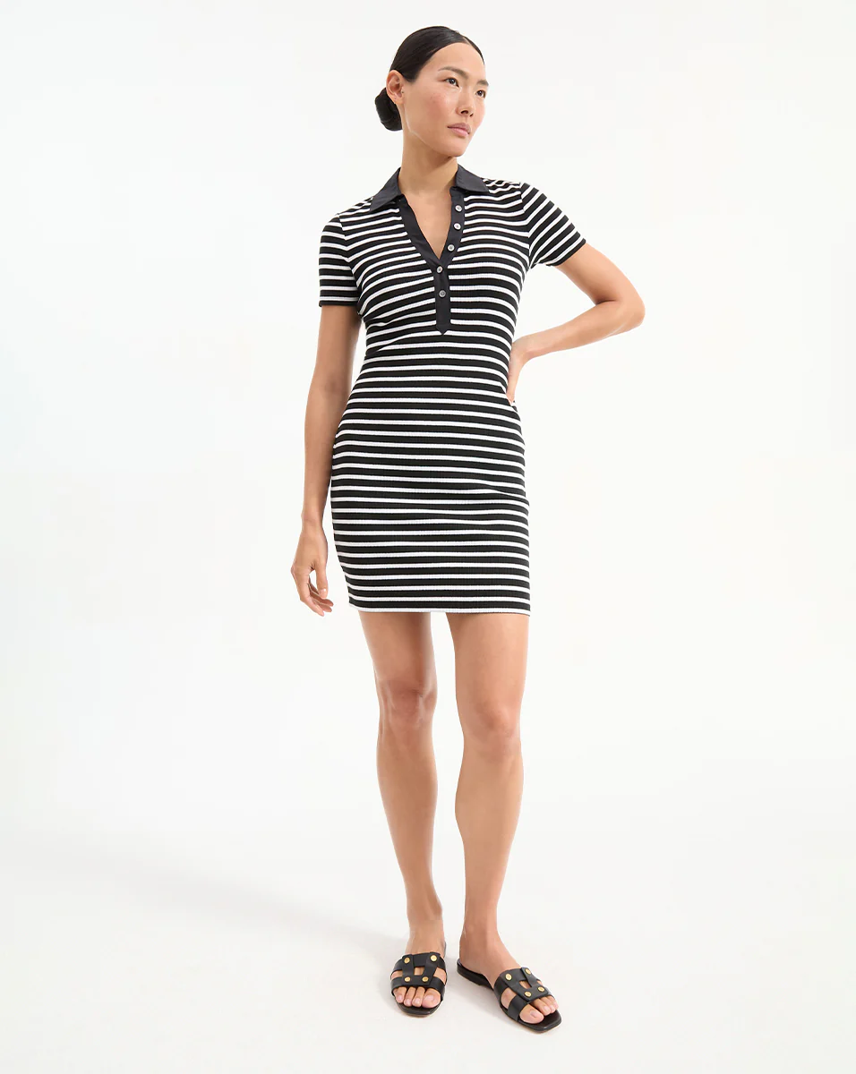 BAILEY STRIPED POLO DRESS IN WHITE/BLACK