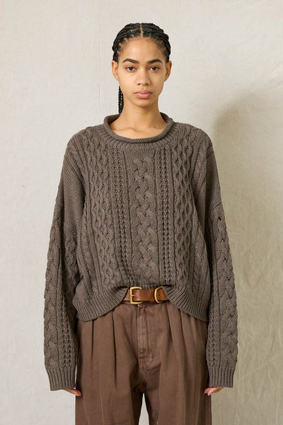 ARAN SWEATER WITH ROLLED NECK IN MEDIUM HEATHER BROWN