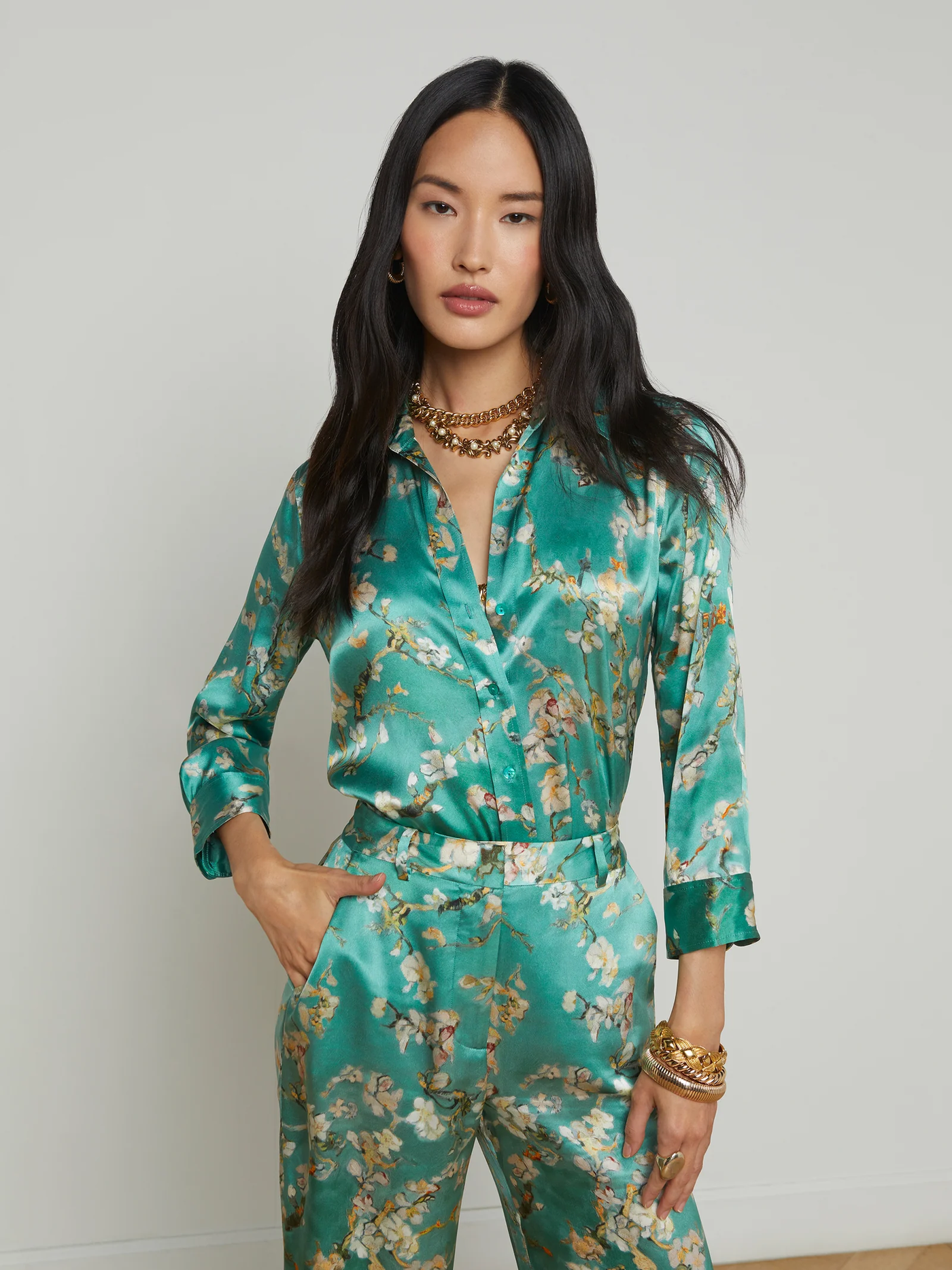 DANI 3/4 SLEEVE BLOUSE IN TEAL MULTI WATERCOLOR CHERRY BLOSSOM