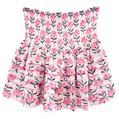 PLEATED SMOCKED MINI SKIRT IN FUSCHIA NAVY FLOWER