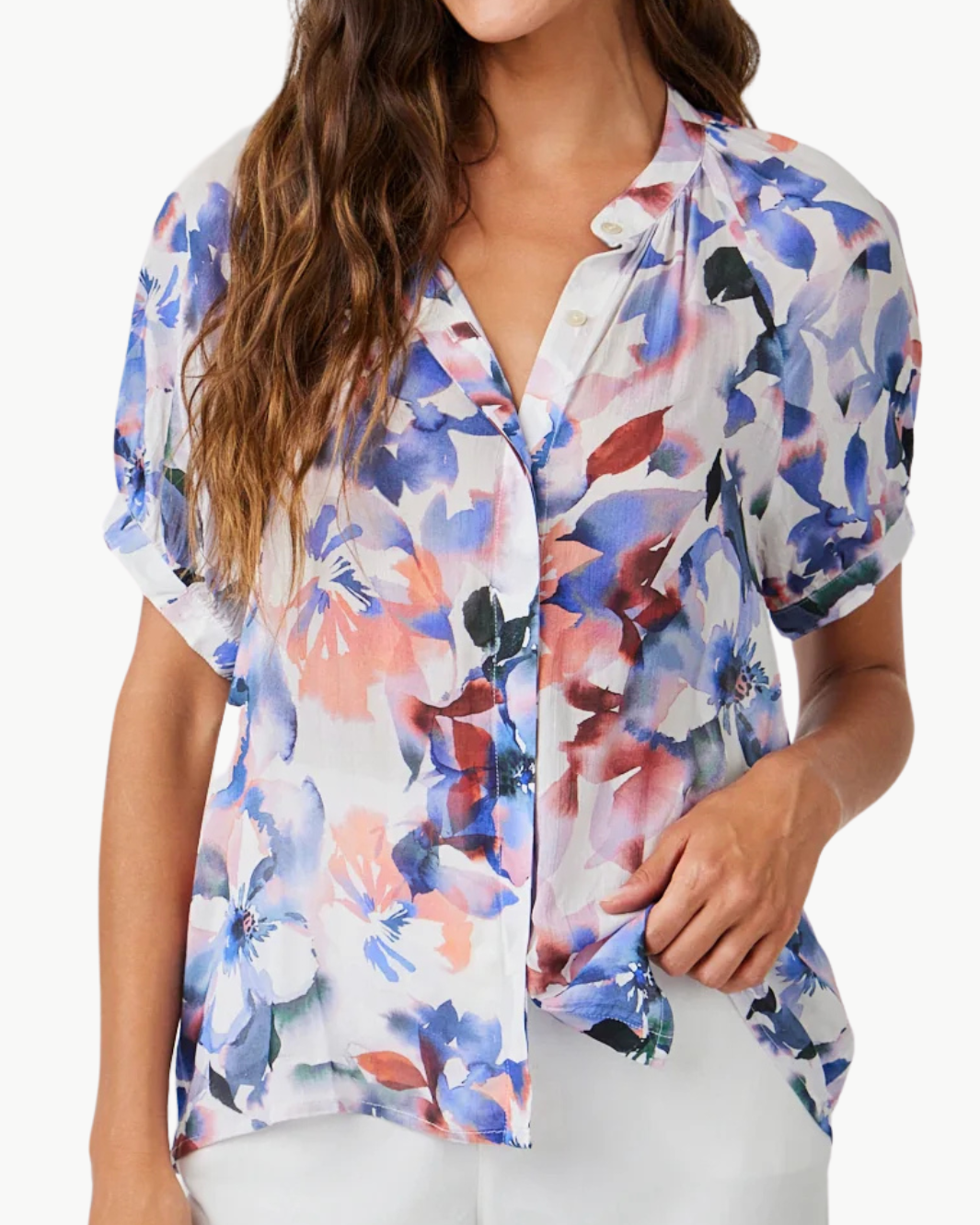 SHIRT SLEEVE SHIRRED RAGLAN SHIRT IN MAGNOLIA BLOOM PRINT