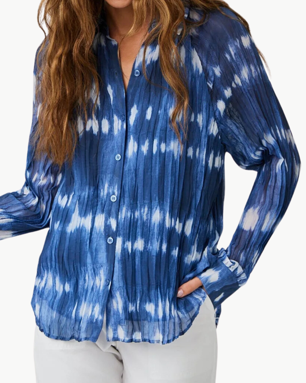 PLEATED RAGLAN SLEEVE SHIRT IN OCEAN TIDES PRINT