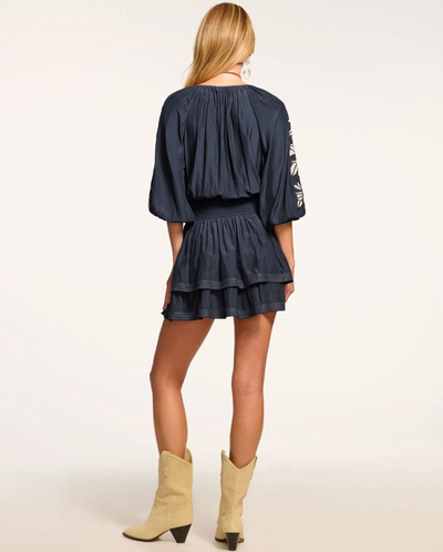 DEVORAH SMOCKED EMBELLISHED MINI DRESS IN NAVY