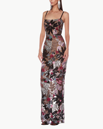 DAHLIA LEONA EMBROIDERED STRAPLESS GOWN IN SILVER MULTI