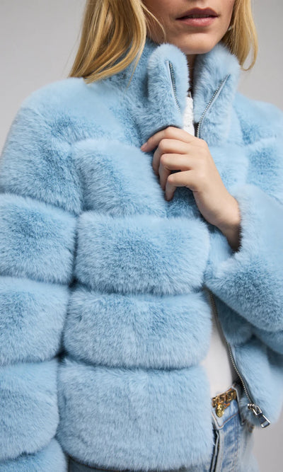 TALA FAUX FUR BOMBER IN POWDER BLUE