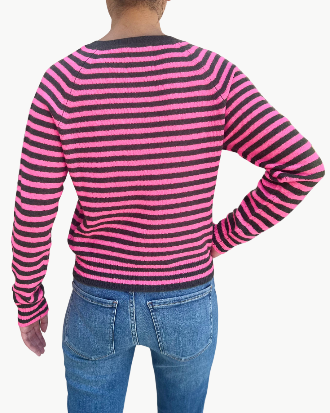 CROP STRIPE VEE IN KHAKI AND NEON PINK