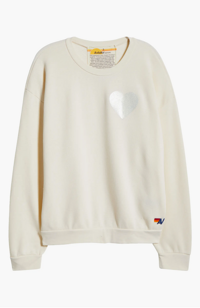 GLITTER HEART CREW SWEATSHIRT IN VINTAGE WHITE/SILVER