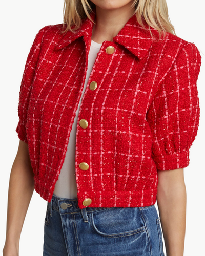 COVE CROP SHORT SLEEVE JACKET IN RED/HOT PINK PLAID