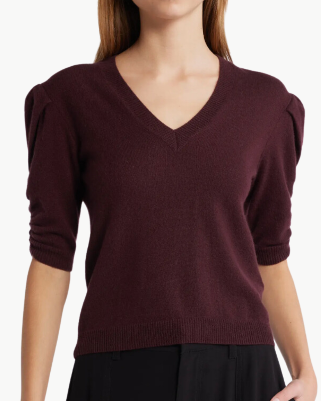 CASHMERE V NECK GATHER SWEATER IN DEEP BURGUNDY