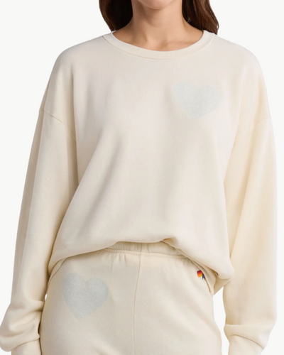 GLITTER HEART CREW SWEATSHIRT IN VINTAGE WHITE/SILVER