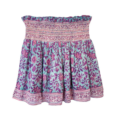 SMOCKED MINI SKIRT IN TEAL AND PURPLE