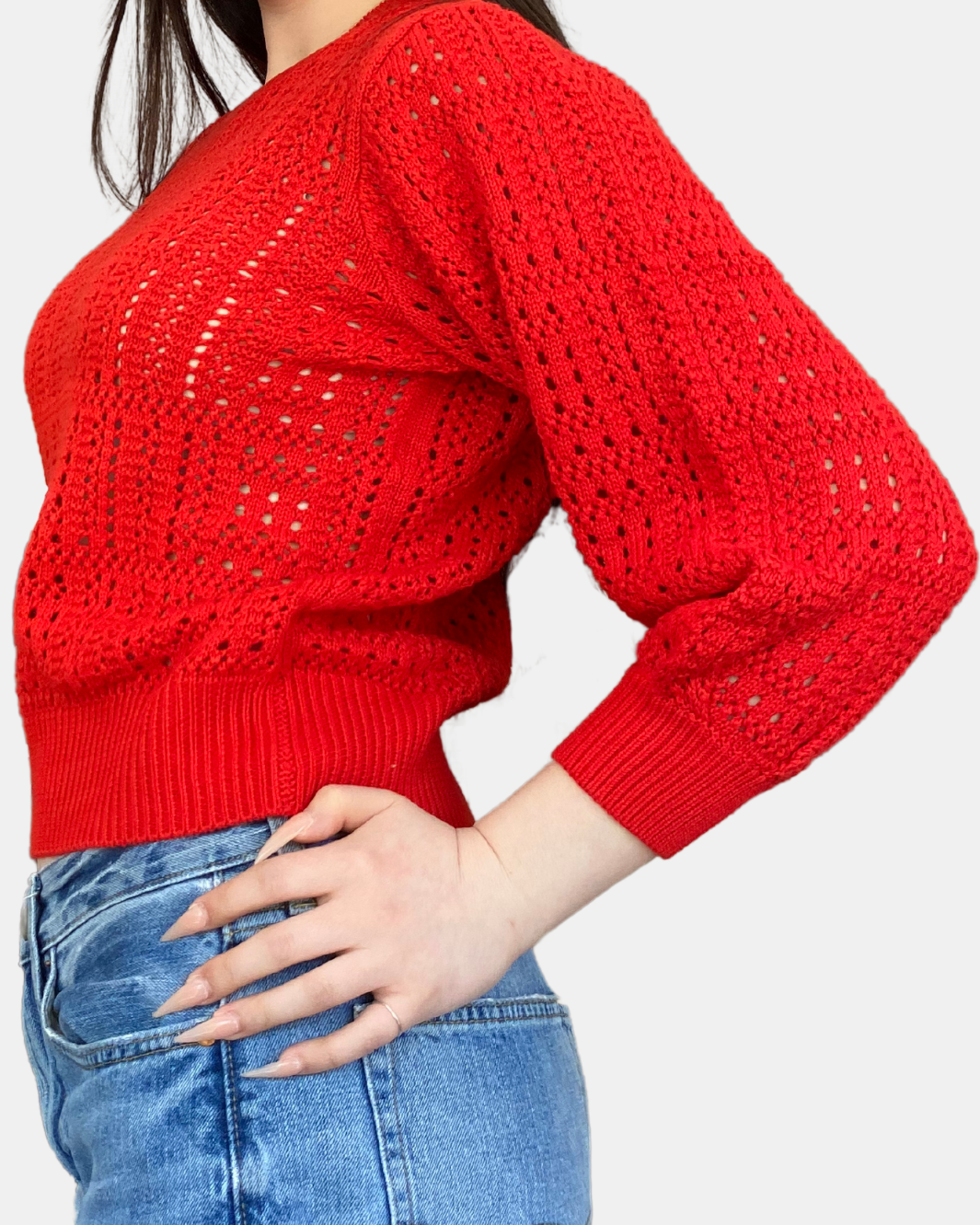 PUFF SLEEVE TILE STITCH CREW IN PIMENTO