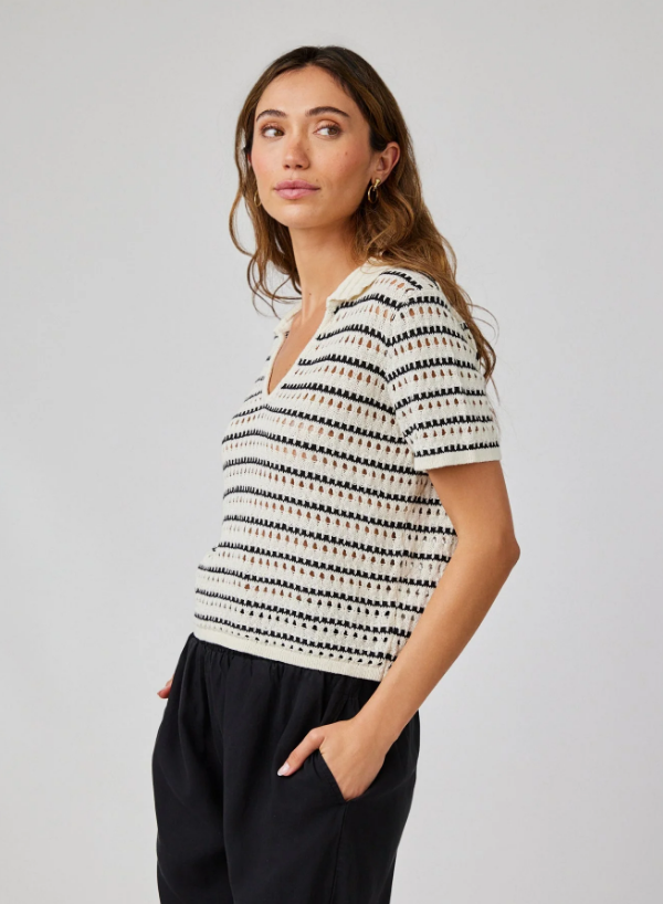 COLLARED POPOVER SWEATER IN IVORY/BLACK STRIPE