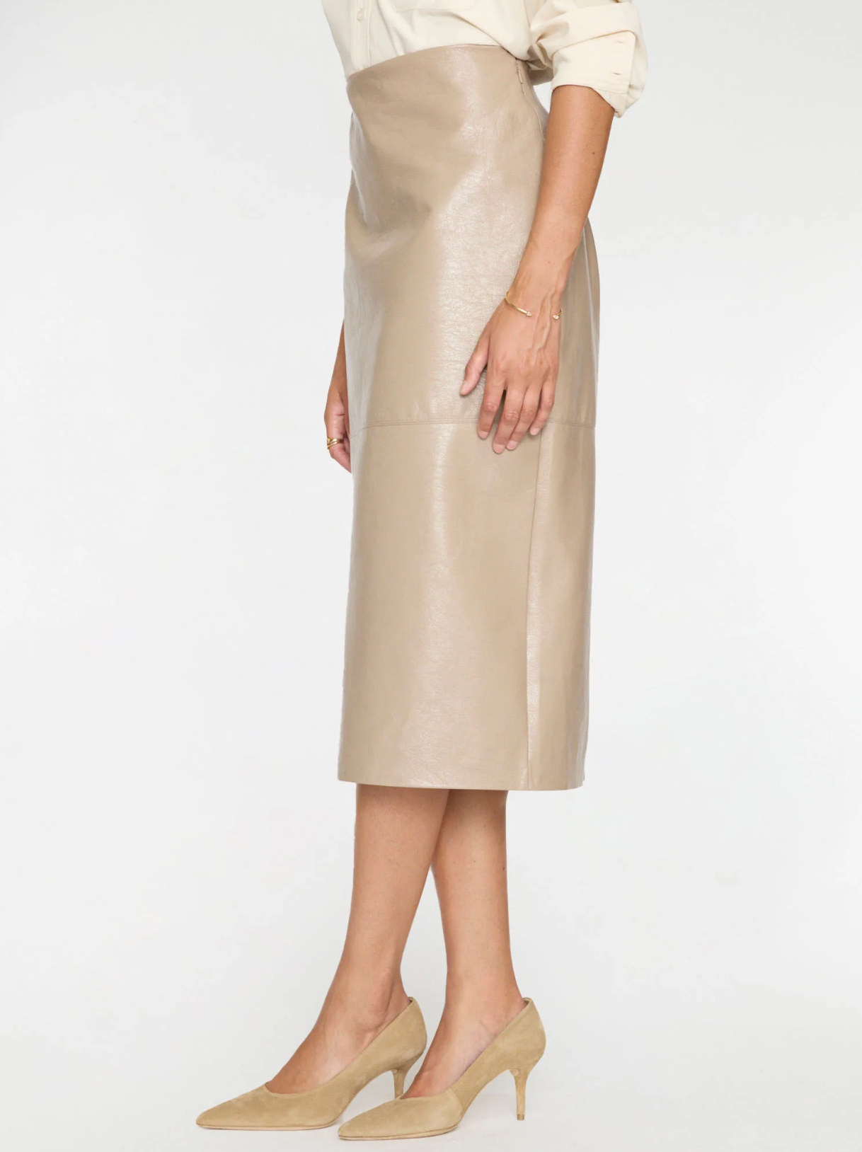 IRENE VEGAN LEATHER SKIRT IN GLOSSY TAUPE