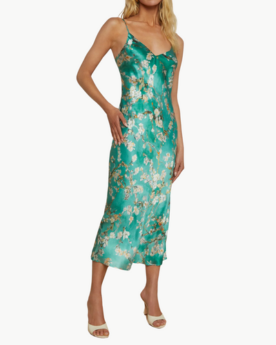 SERIDIE SLIP DRESS IN TEAL MULTI WATERCOLOR CHERRY BLOSSOM