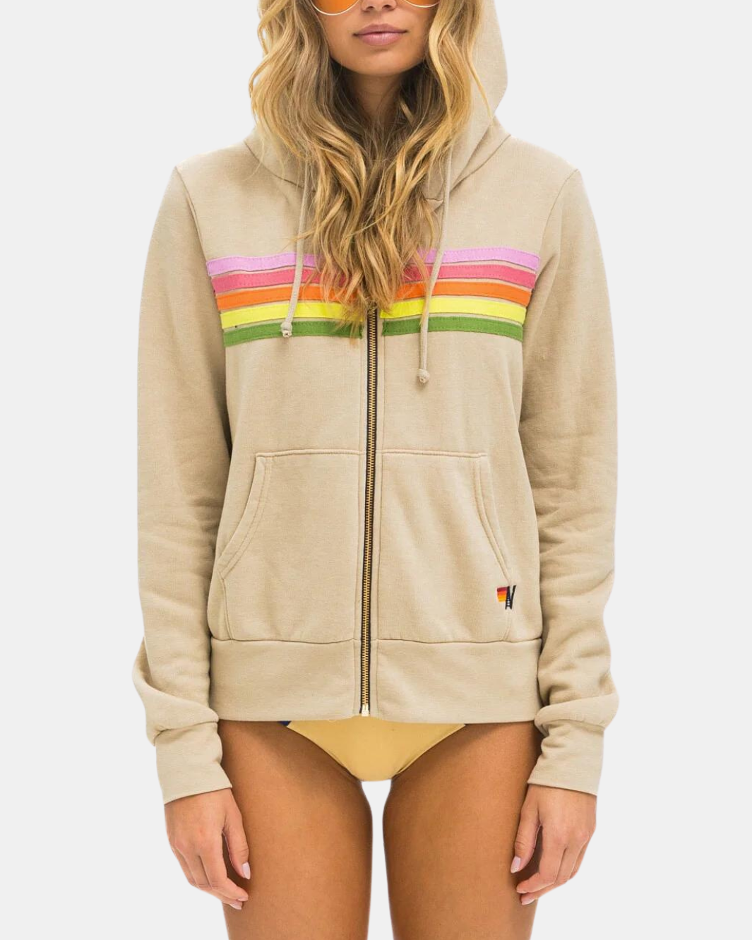 5 STRIPE ZIP HOODIE IN SAND/PINK GREEN