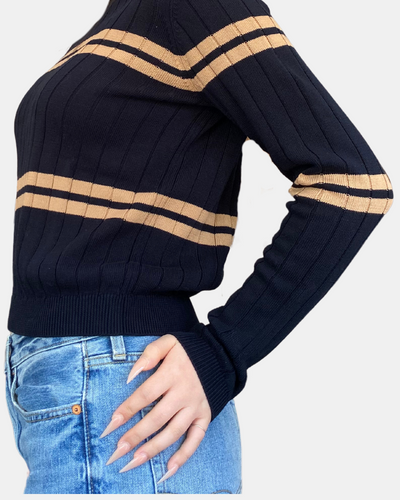 CROPPED PANEL RIB CREW IN NAVY BLUE/CAMEL