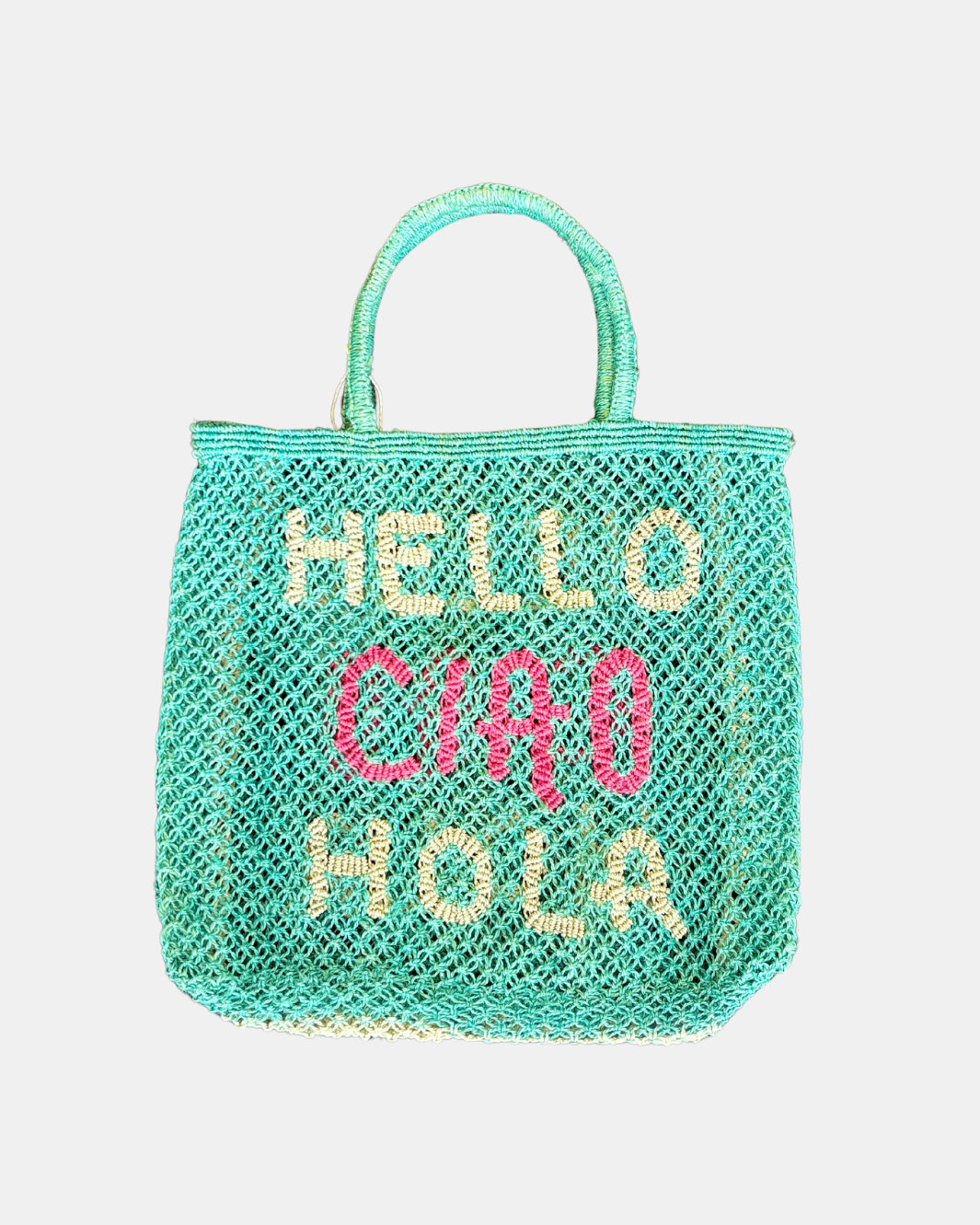 HELLO CIAO HOLA JUTE BAG IN AQUA - Romi Boutique