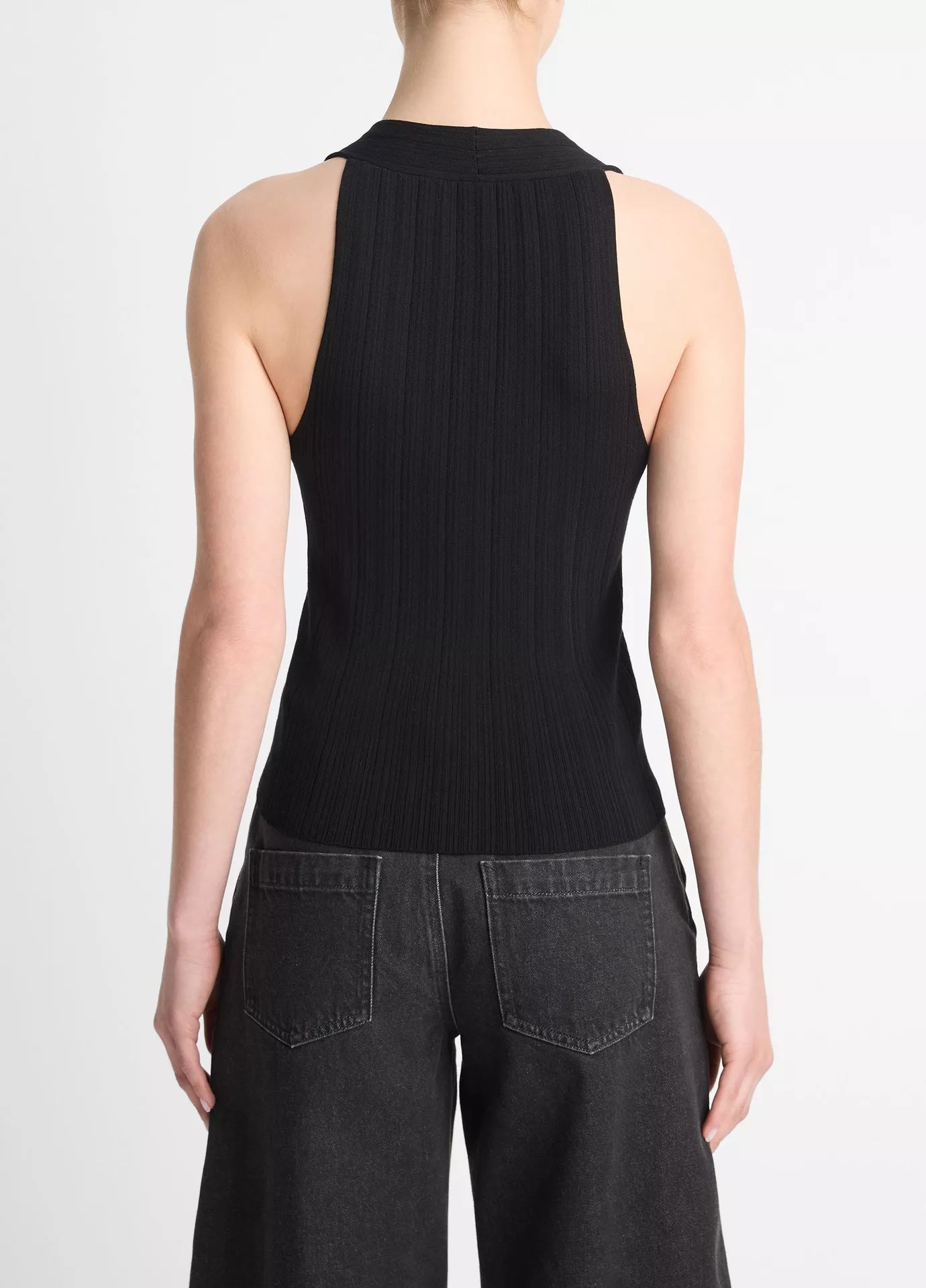 ITALIAN COTTON BLEND BUTTON V NECK TANK IN BLACK