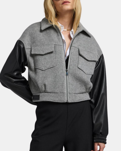 CASPIAN WOOL VEGAN LEATHER BOMBER IN GREY AND BLACK