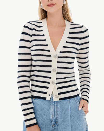 SOLENE CASHMERE CARDIGAN IN IVORY/NAVY