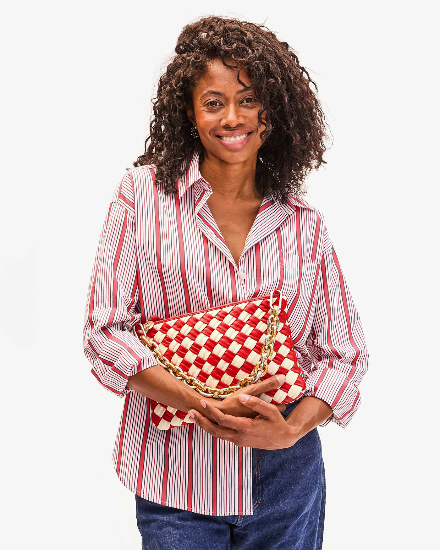 FLAT CLUTCH IN ROSSA AND CREAM PUFFY WOVEN NAPPA