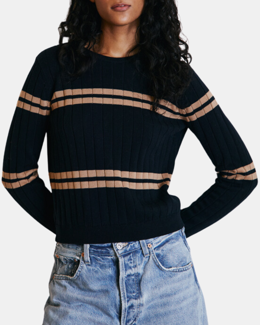 CROPPED PANEL RIB CREW IN NAVY BLUE/CAMEL