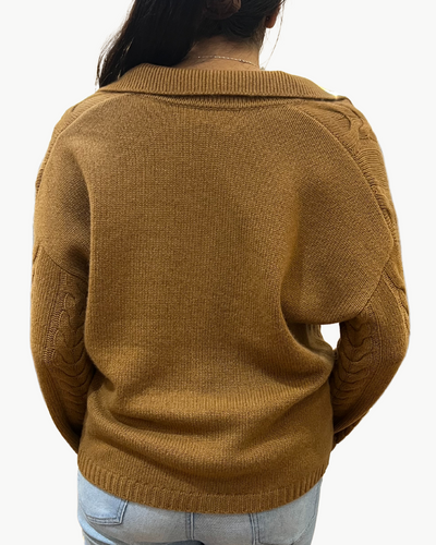 DEAN CABLE KNIT POLO PULLOVER IN CARAMEL