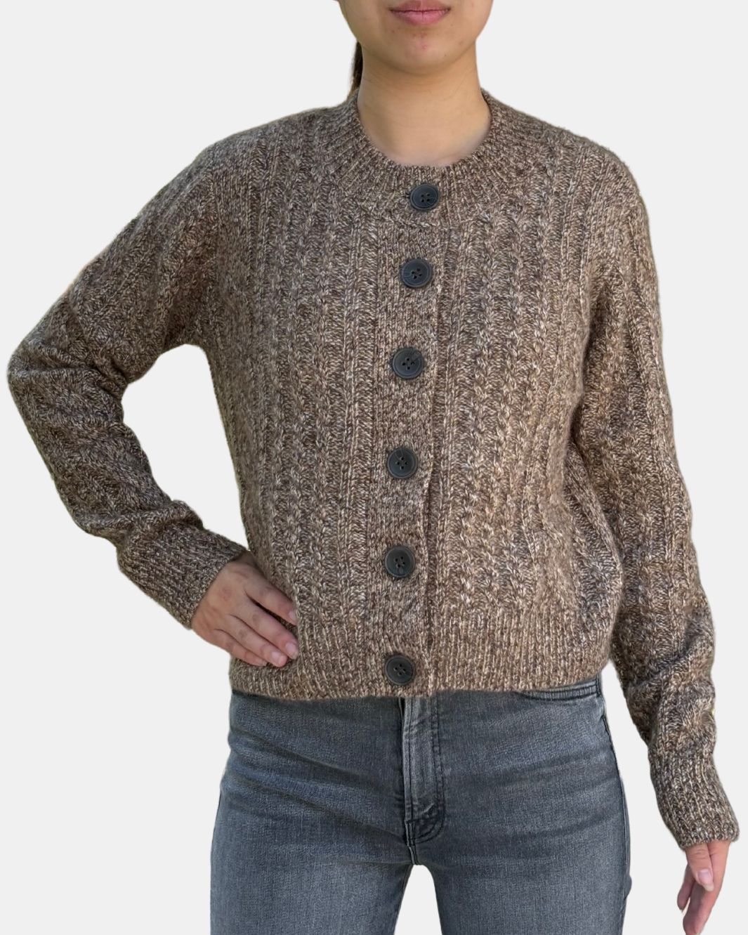 CROPPED BOXY CABLE CARDIGAN IN BROWNSTONE