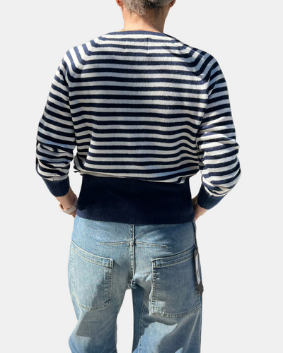 STRIPE SHRUNKEN CARDIGAN IN NAVY AND CREAM