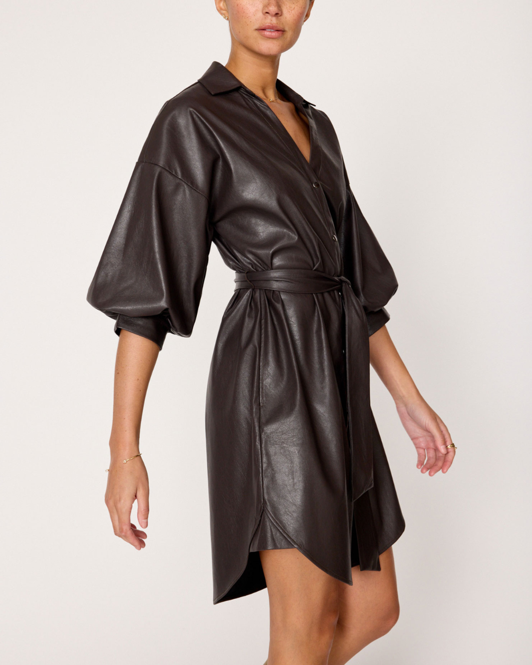 KATE BELTED VEGAN LEATHER SHIRT DRESS IN TIMBER