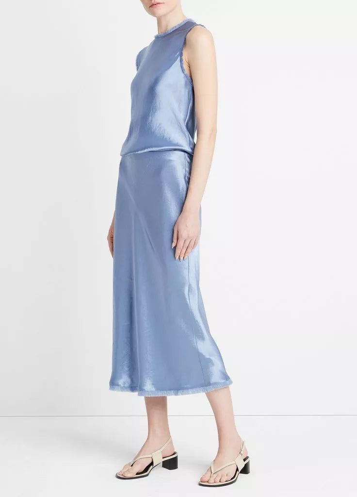 SATIN FRAYED EDGE BIAS SKIRT IN AZURE GEM - Romi Boutique