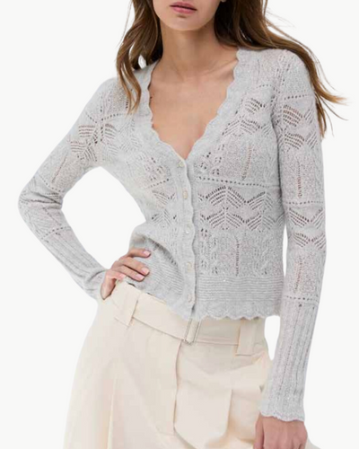 OPEN POINTELLE SEQUIN V NECK CARDIGAN IN POLAR