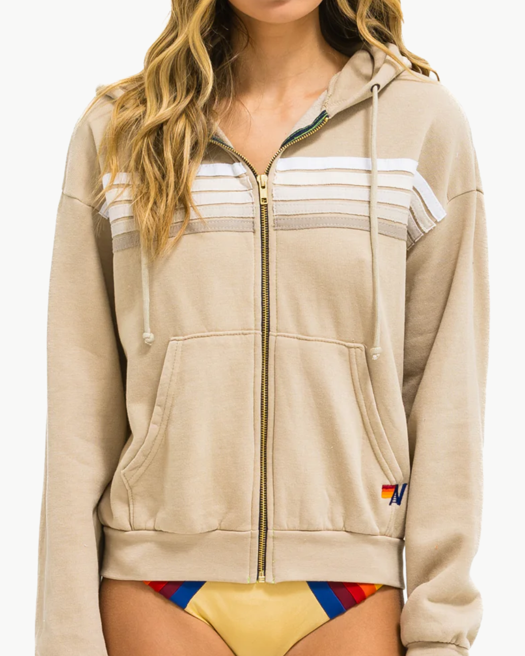 5 STRIPE ZIP HOODIE IN SAND/WHITE GREY