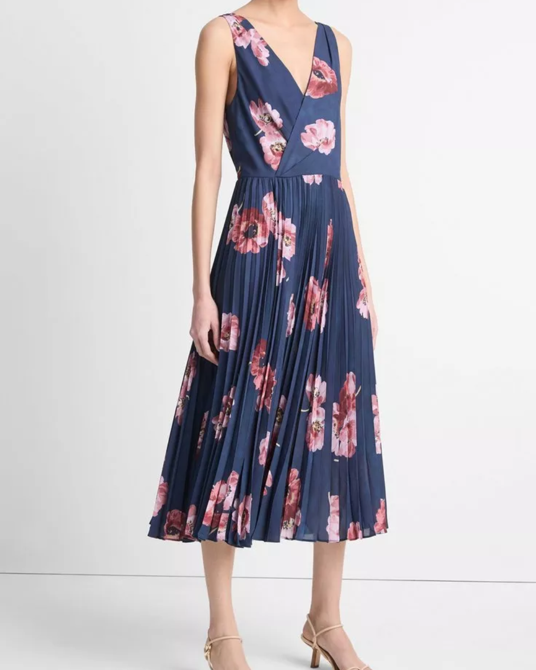 PAINTED POPPY PLEATED DRAPED V-NECK DRESS IN MARINE NIGHT