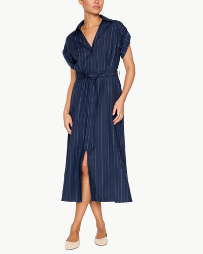 FIA BELTED STRIPE DRESS IN NAVY PINSTRIPE