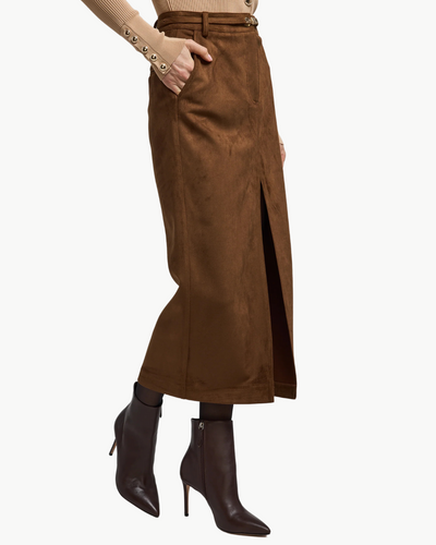 MEDINA BELTED VEGAN SUEDE SKIRT IN CARAMEL