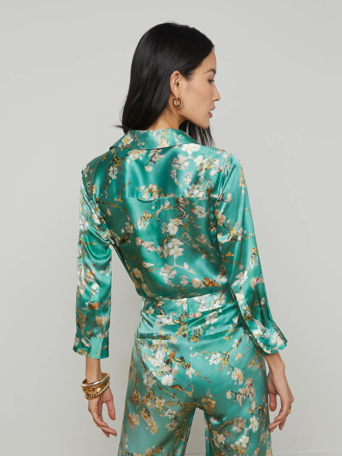 DANI 3/4 SLEEVE BLOUSE IN TEAL MULTI WATERCOLOR CHERRY BLOSSOM