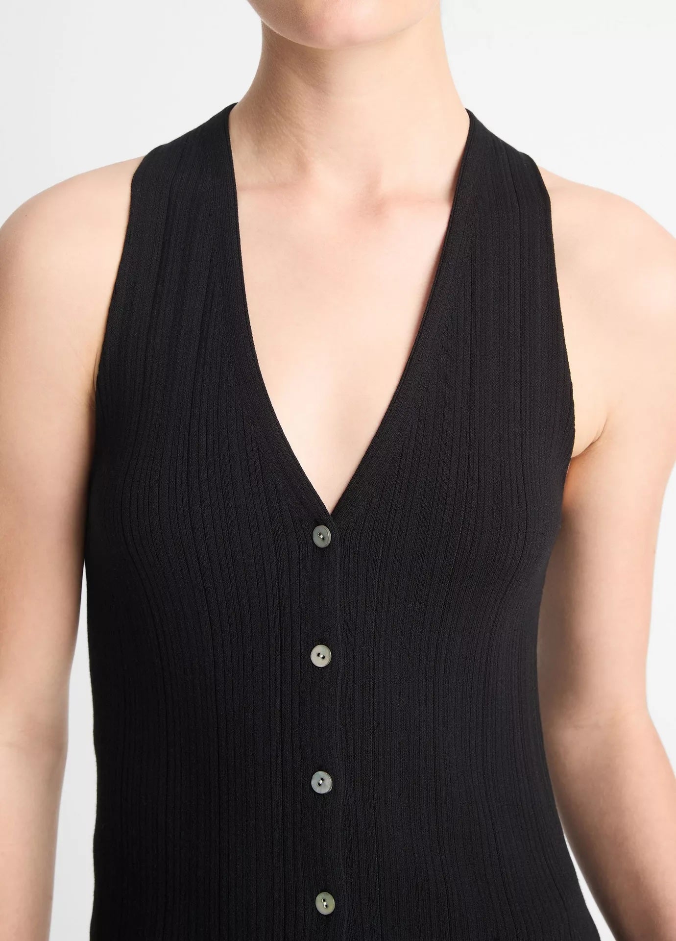 ITALIAN COTTON BLEND BUTTON V NECK TANK IN BLACK