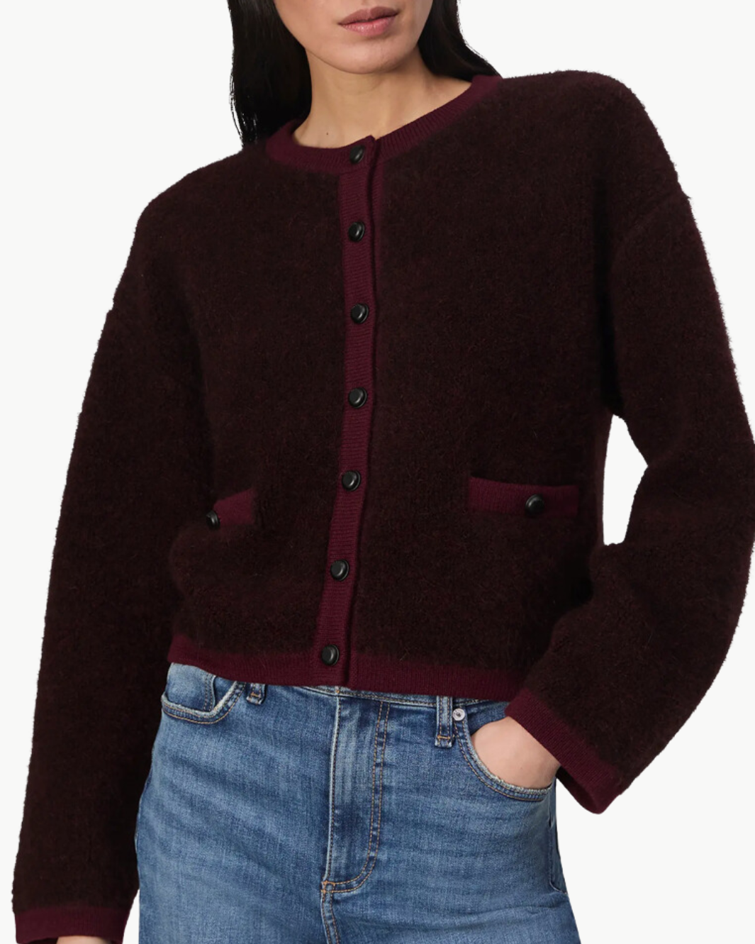 KAIA BOUCLE CARDIGAN IN BURGUNDY