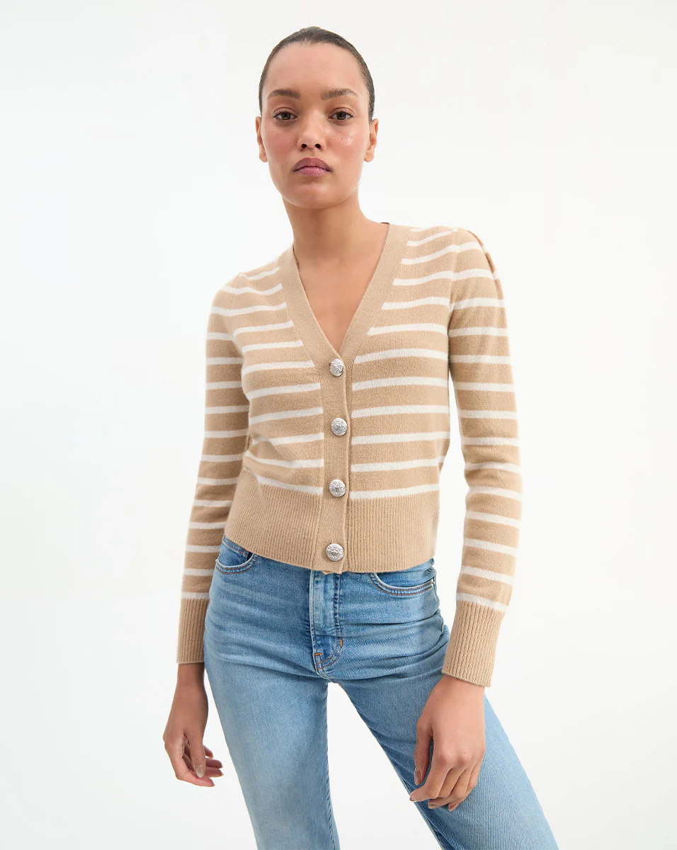 SOLENE CASHMERE CARDIGAN IN SAND/IVORY