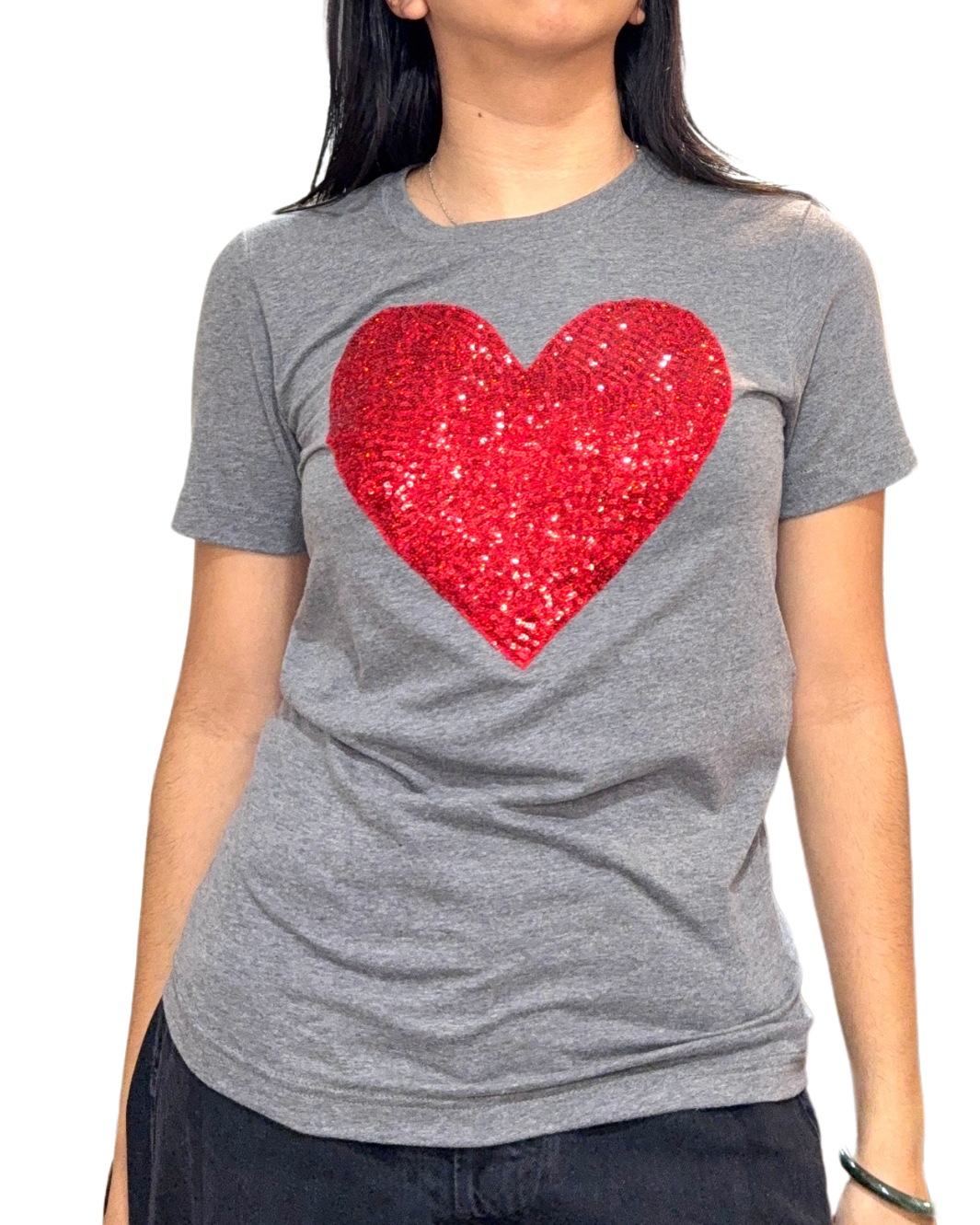 SEQUIN HEART TEE IN GREY