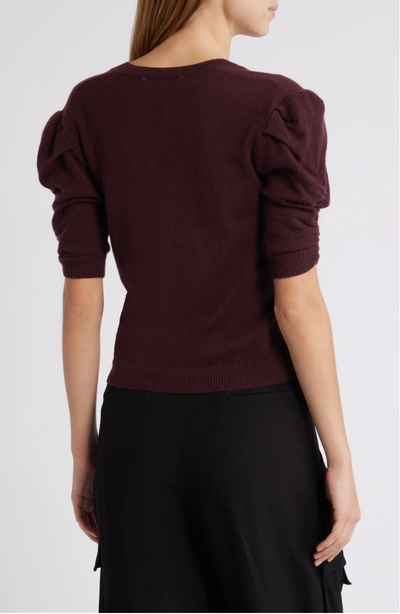 CASHMERE V NECK GATHER SWEATER IN DEEP BURGUNDY