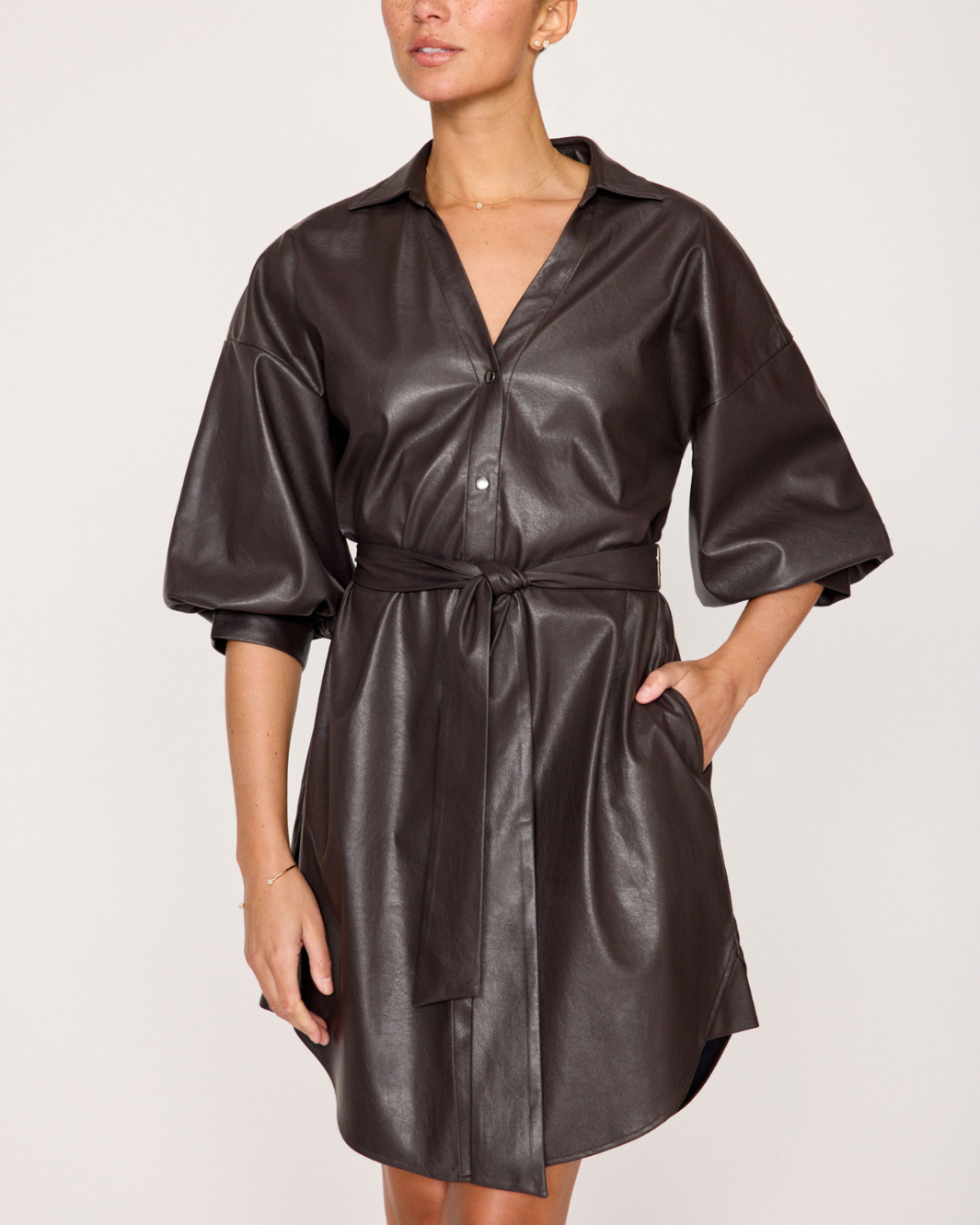 KATE BELTED VEGAN LEATHER SHIRT DRESS IN TIMBER