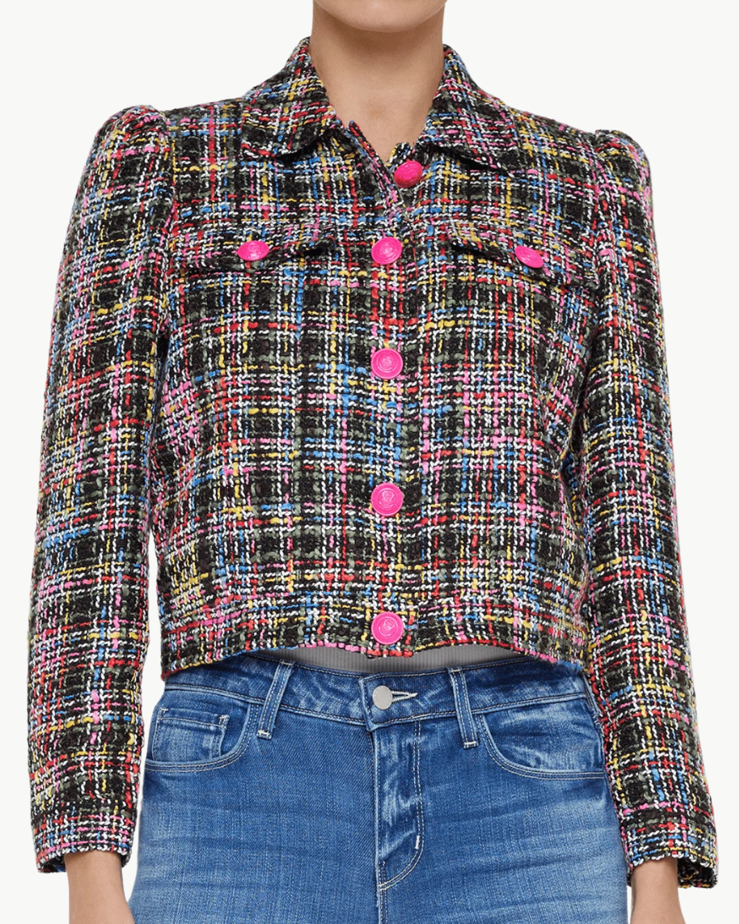 KASEY BRACELET SLEEVE JACKET IN BLACK MULTI COLORFUL TWEED