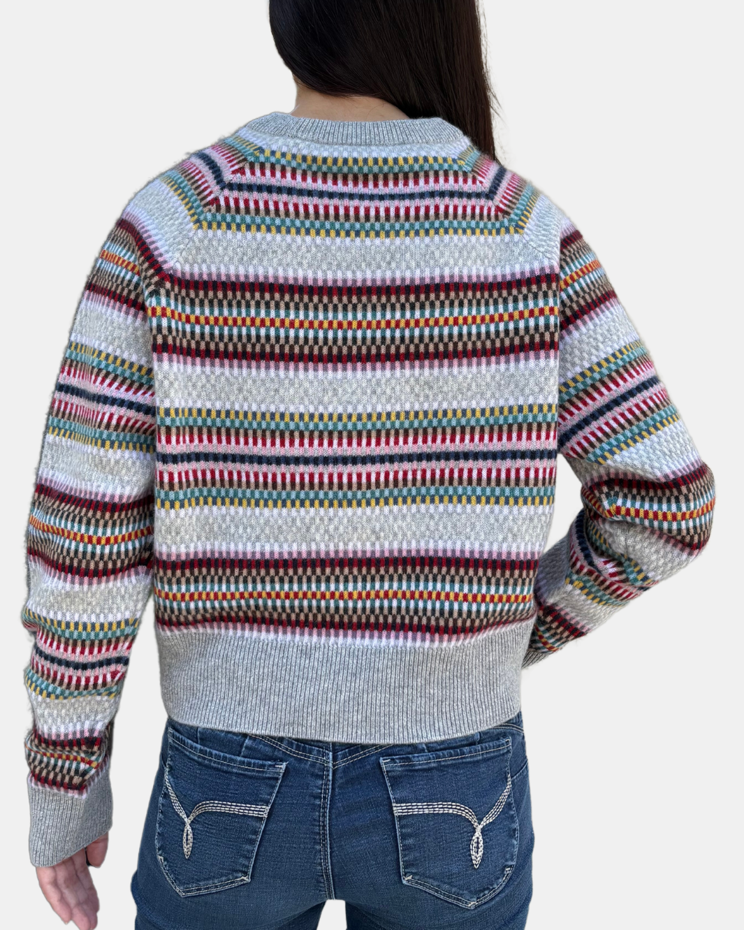 CASHMERE STRIPED MULTI CHECK SWEATSHIRT IN GREY COMBO