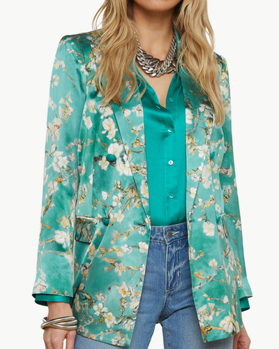 TARYN SILK BLAZER IN TEAL MULTI WATERCOLOR CHERRY BLOSSOM